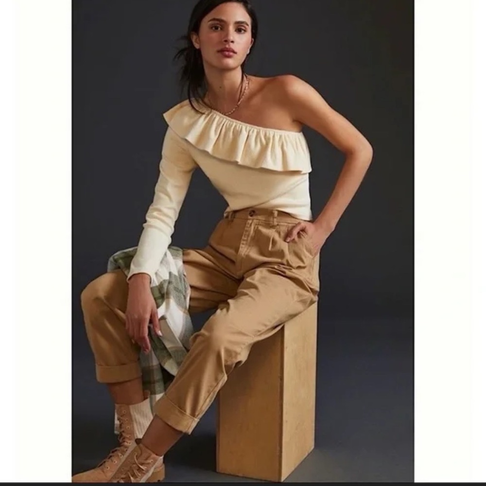 Anthropologie Cream One-Shoulder Ruffle Top